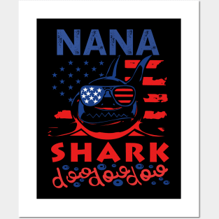 Nana Shark American Flag July Of 4th Posters and Art